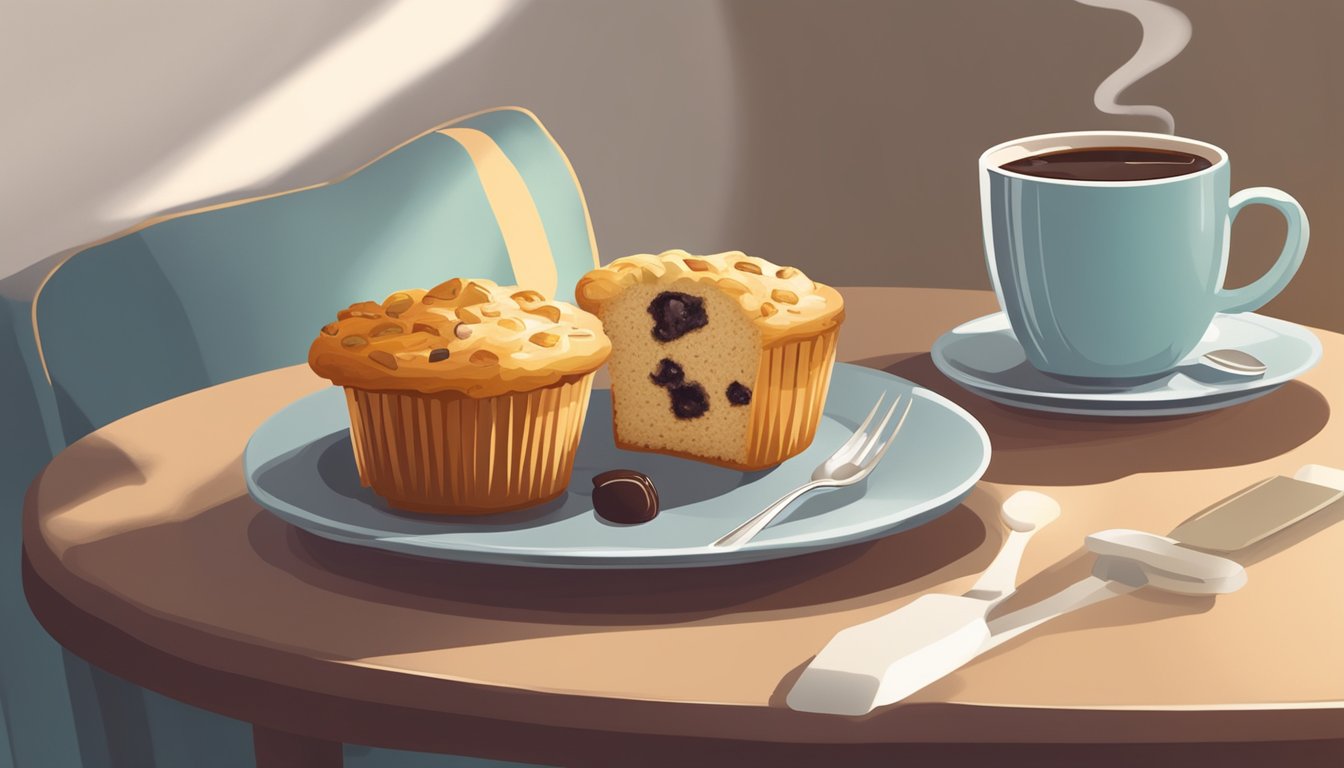 A breakfast muffin surrounded by a steaming cup of coffee on a cozy table