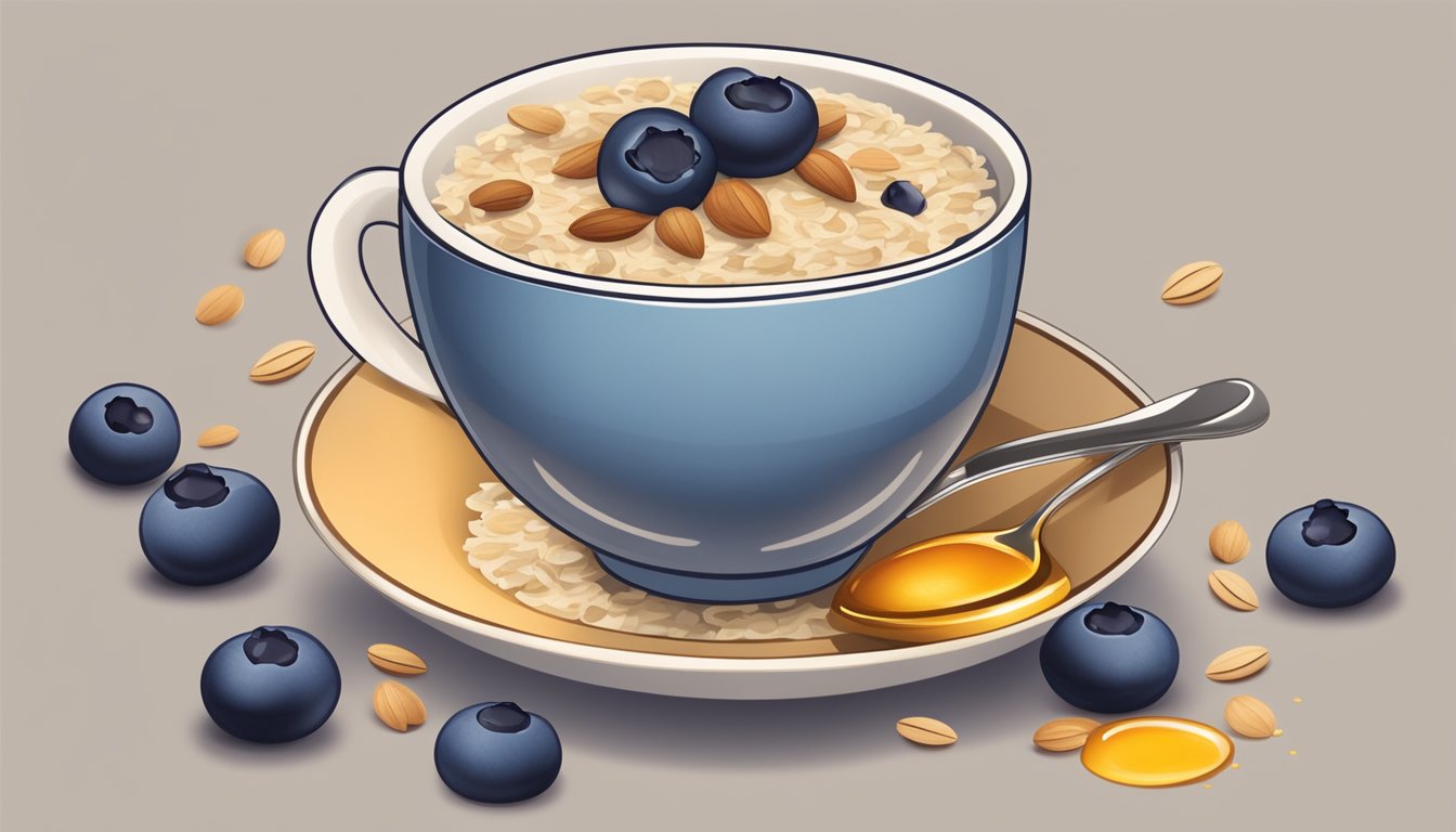 A bowl of oatmeal with scattered blueberries, topped with sliced almonds and a drizzle of honey, next to a steaming cup of coffee