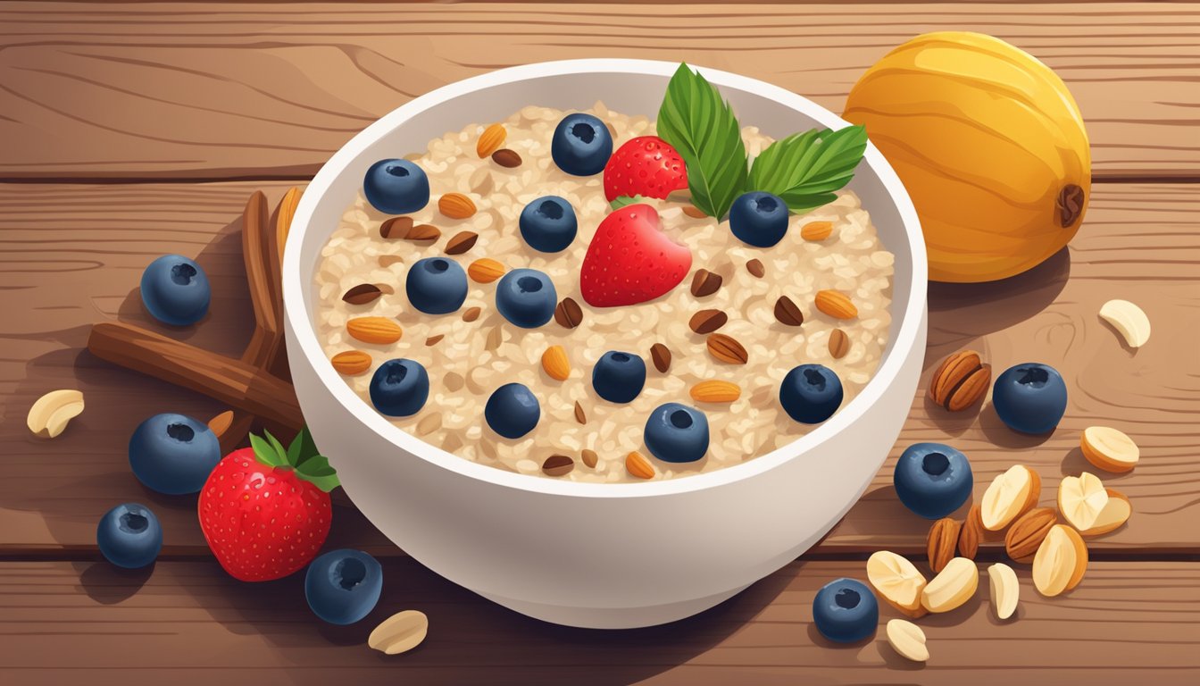 A bowl of oatmeal surrounded by fresh fruit, nuts, and seeds on a wooden table at Starbucks