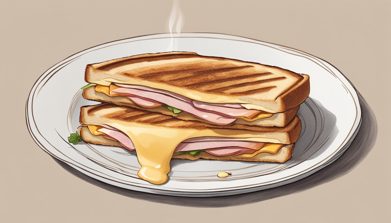 A warm, golden-brown panini with layers of ham and melted Swiss cheese, sitting on a white plate next to a steaming cup of coffee