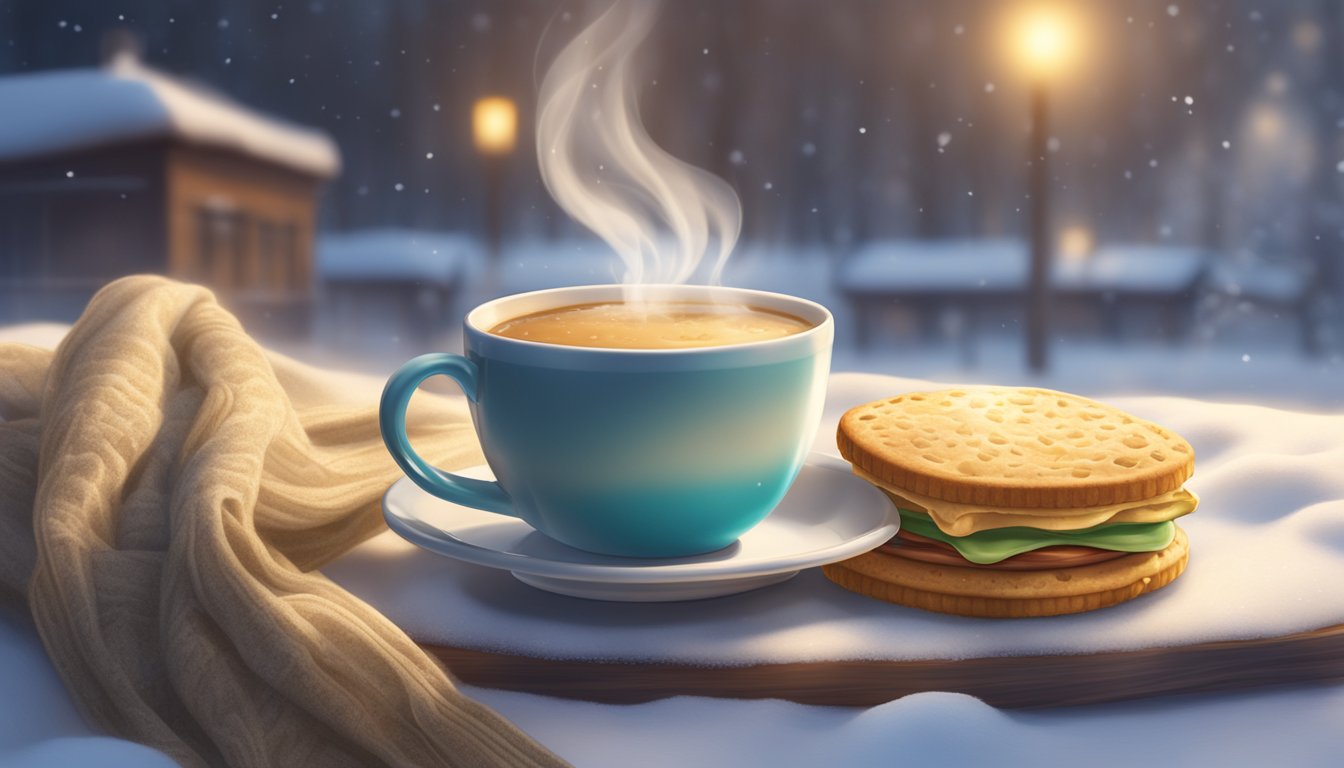 A steaming biscuit sandwich surrounded by a warm mug and a cozy scarf on a frosty morning