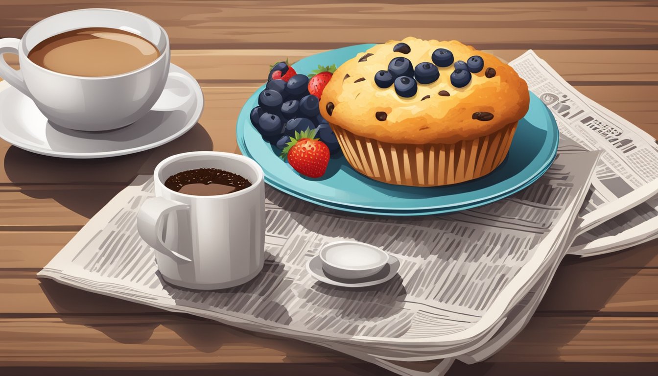 A breakfast muffin surrounded by a cup of coffee, a plate of fresh fruit, and a newspaper on a wooden table