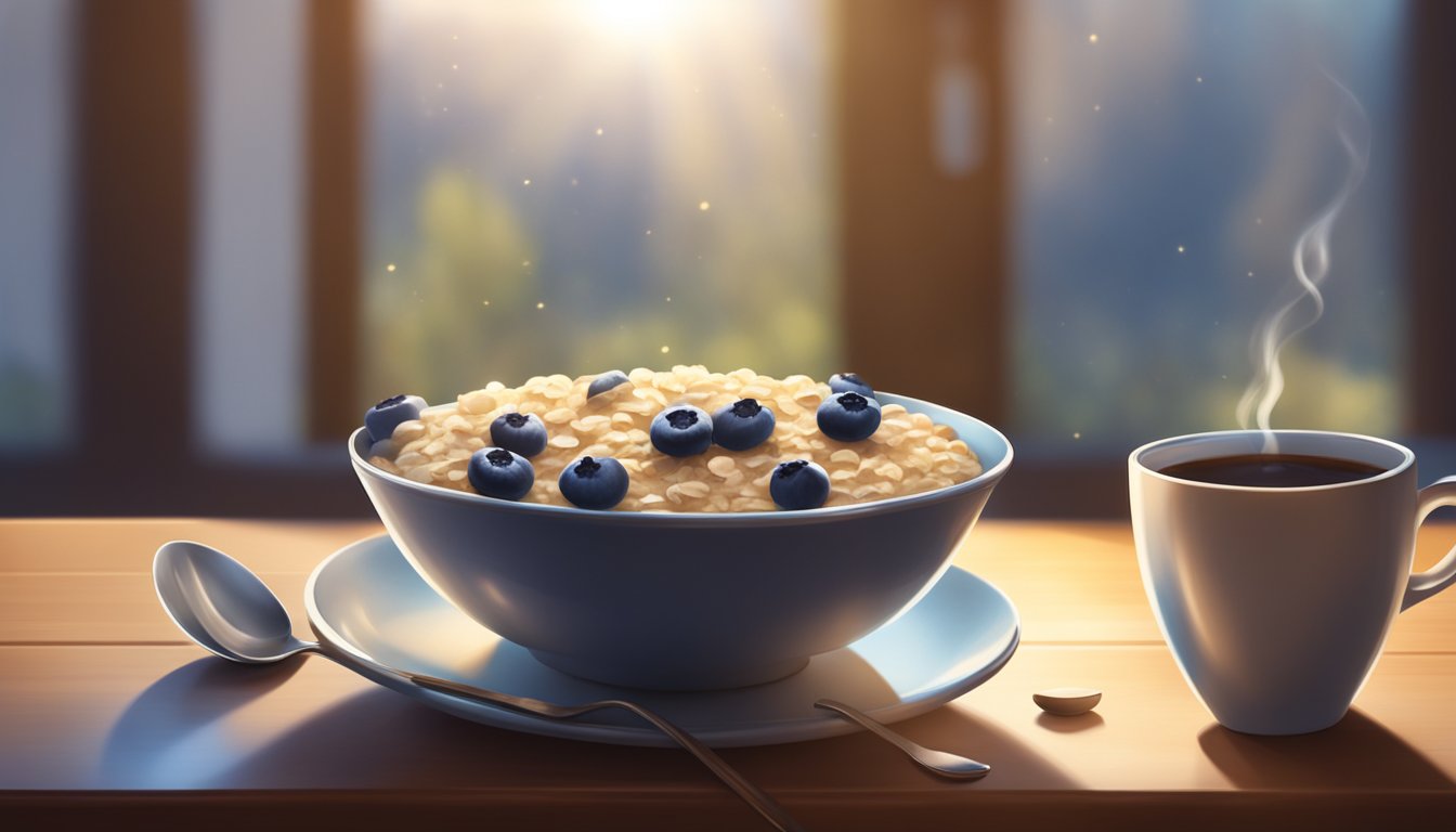 A bowl of oatmeal topped with fresh blueberries sits on a wooden table next to a steaming cup of coffee. Sunlight filters through a window, casting a warm glow on the cozy scene