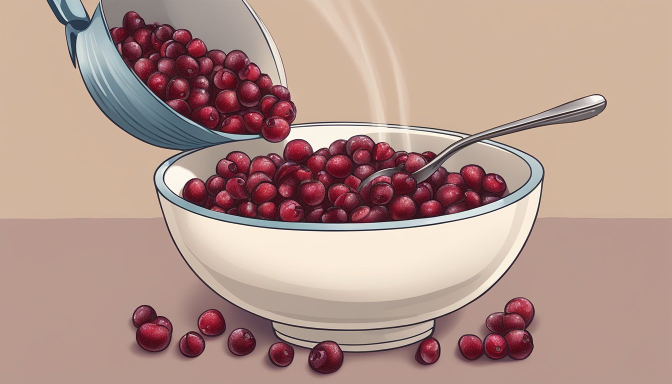 Dried cranberries being poured into a bowl of oatmeal