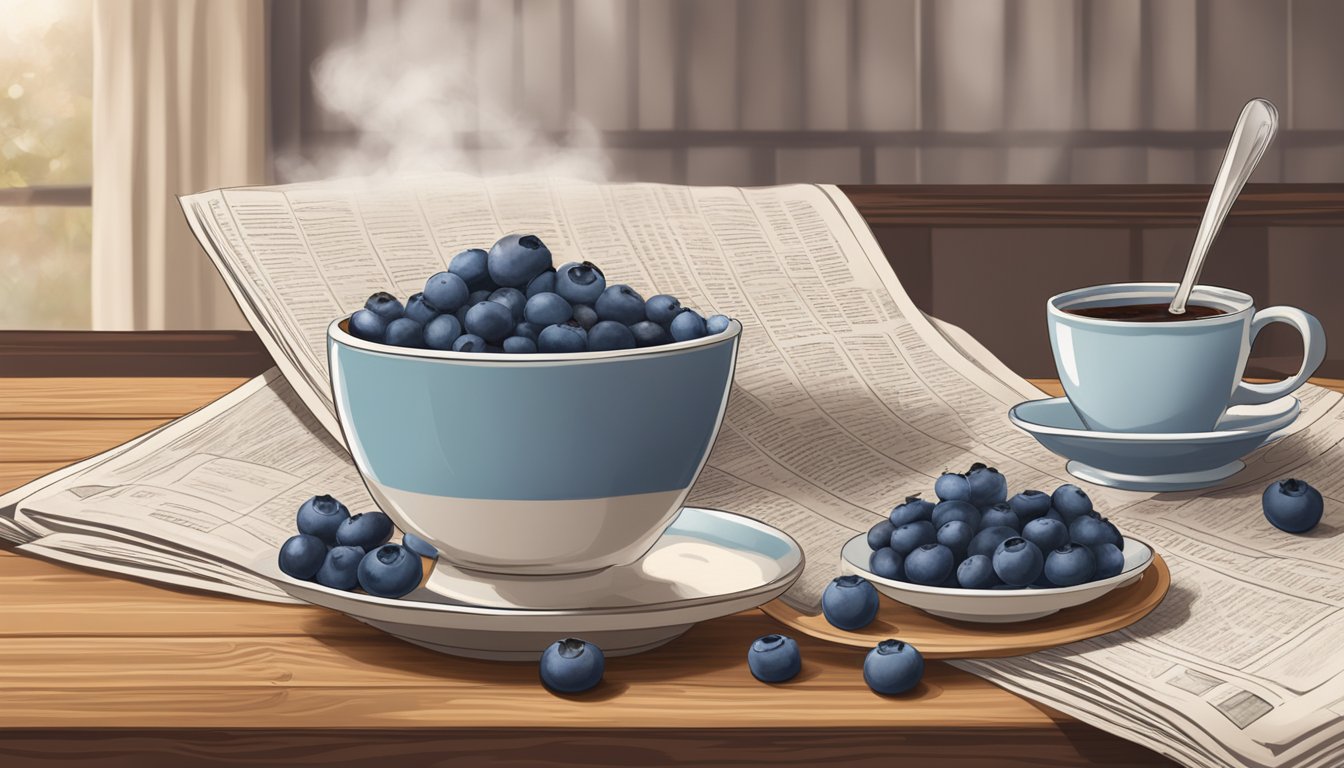 A steaming bowl of blueberry oatmeal sits on a wooden table, surrounded by a cozy setting with a cup of coffee and a newspaper