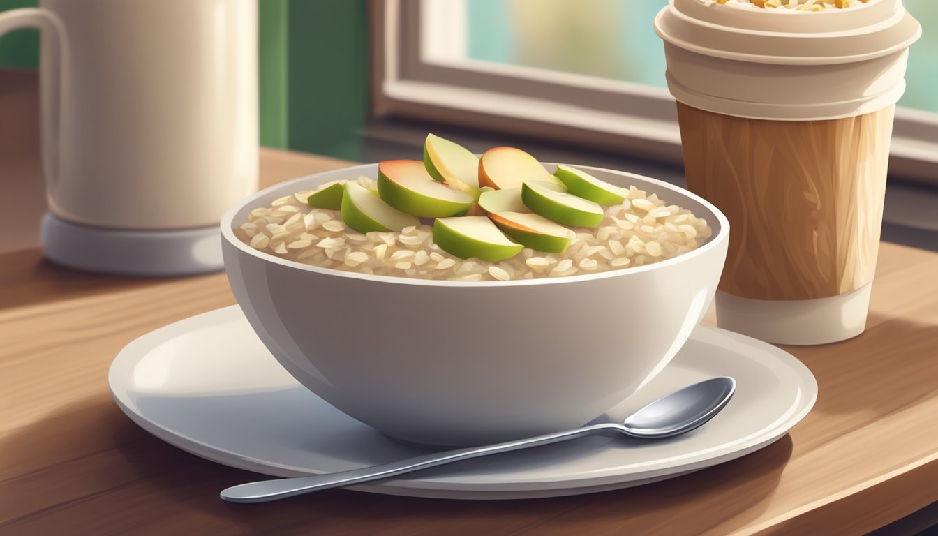 A bowl of oatmeal topped with a generous amount of chopped apples sits on a wooden table, surrounded by a spoon and a Starbucks logo mug