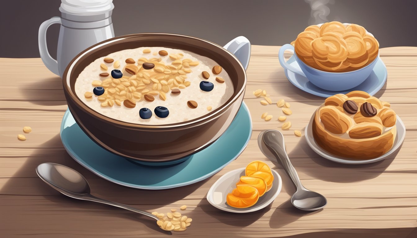 A steaming bowl of oatmeal with a spoon on a wooden table, surrounded by a cup of coffee and a pastry