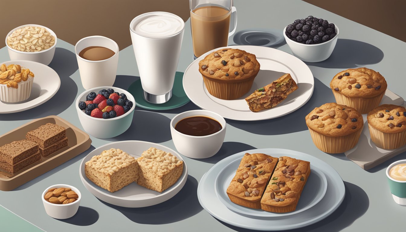 A table set with a variety of high-fiber breakfast options from Starbucks, including oatmeal, fruit and nut bars, and whole grain muffins