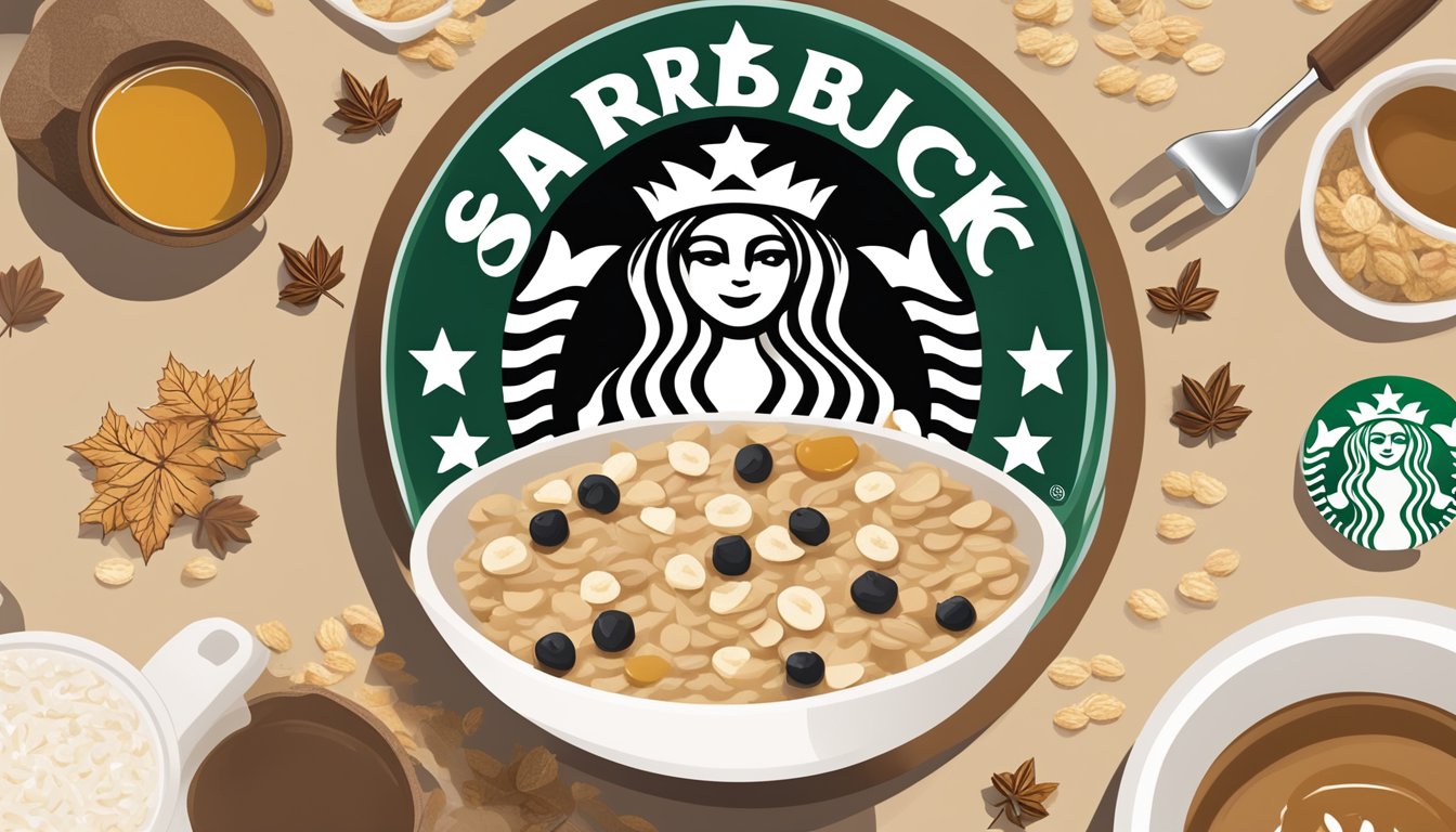 Oatmeal bowl with drizzled maple syrup, surrounded by various toppings and a Starbucks logo in the background