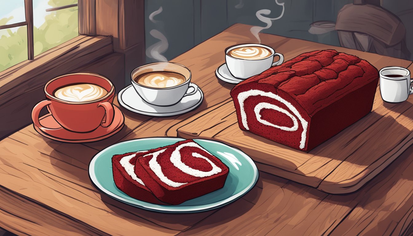 A cozy kitchen scene with a freshly baked red velvet loaf cake on a rustic wooden table, accompanied by a steaming cup of coffee and a copy of "12 Best Starbucks Breakfast Options for Cold Mornings."