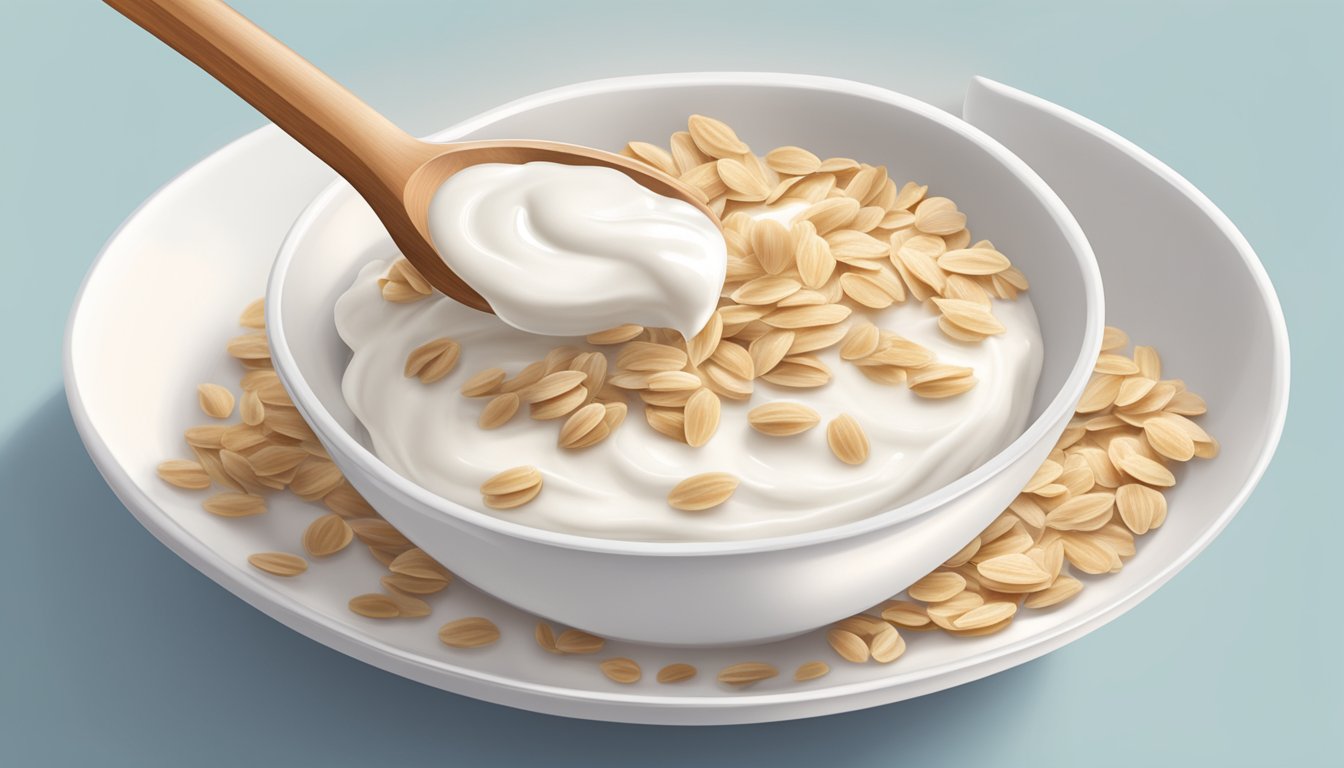 A spoonful of yogurt being stirred into a bowl of oatmeal