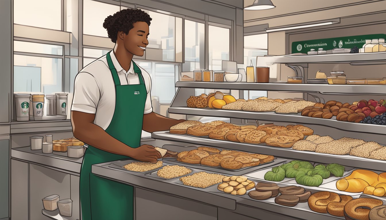 A Starbucks barista preparing a display of high-fiber breakfast options, including oatmeal, fruit and nut bars, and whole grain bagels