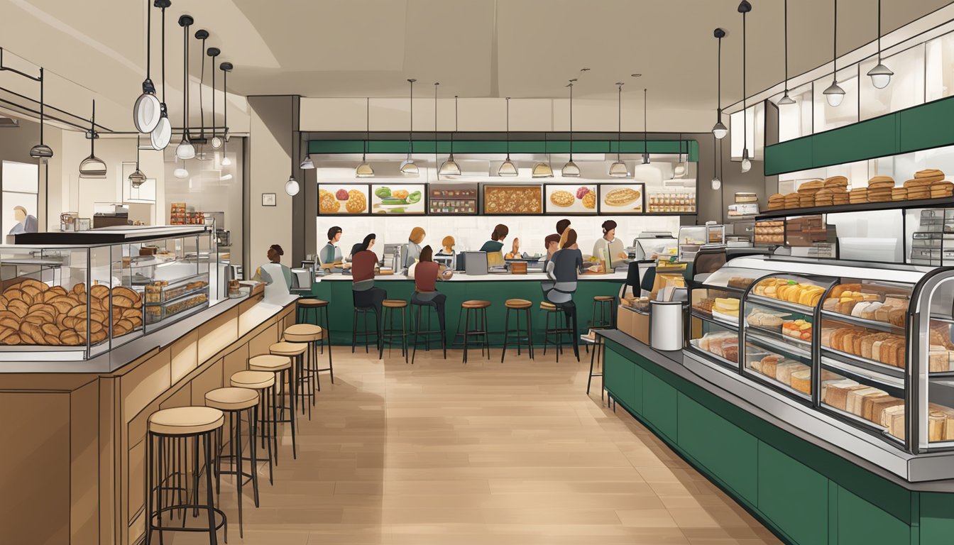 A bustling Starbucks cafe with a display of high-fiber breakfast options, including oatmeal, fruit and nut bars, and whole grain bagels