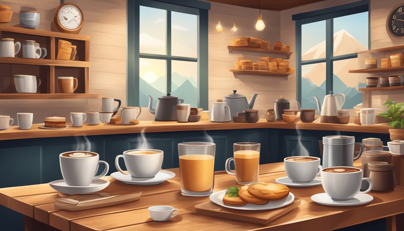 A cozy coffee shop with a variety of warm breakfast items displayed on a wooden counter, surrounded by steaming cups of coffee and tea