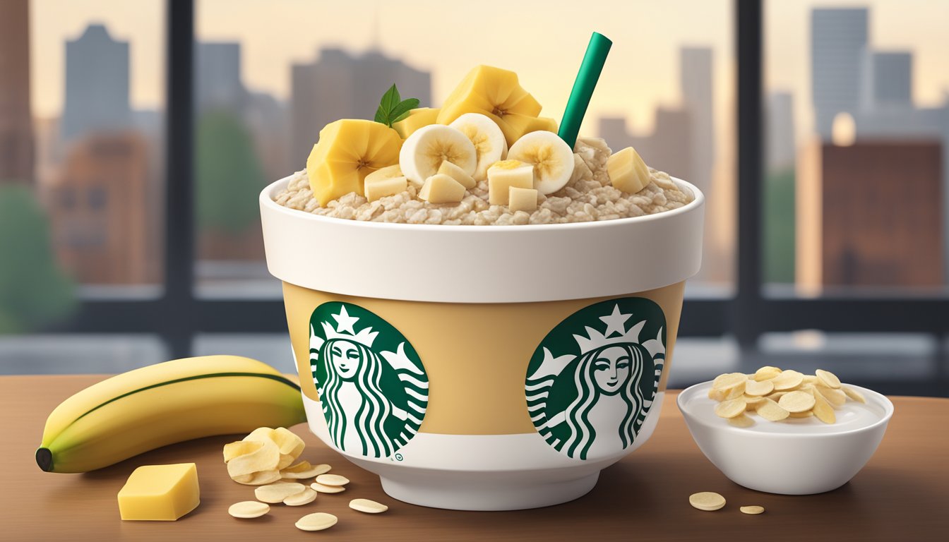 A bowl of oatmeal with diced bananas, surrounded by various toppings and ingredients, displayed in a modern and stylish Starbucks setting