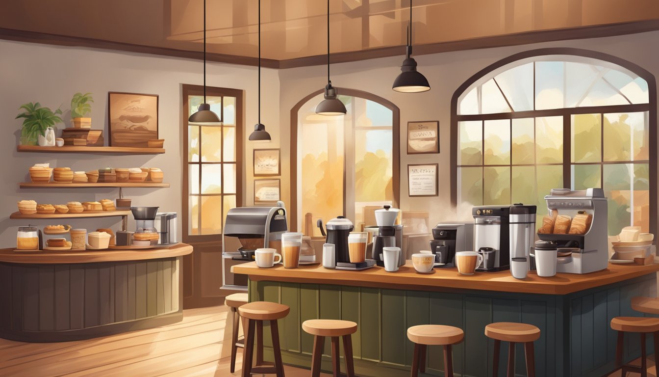 A cozy coffee shop with a variety of warm breakfast options displayed on a wooden counter, surrounded by steaming mugs of coffee and a welcoming atmosphere