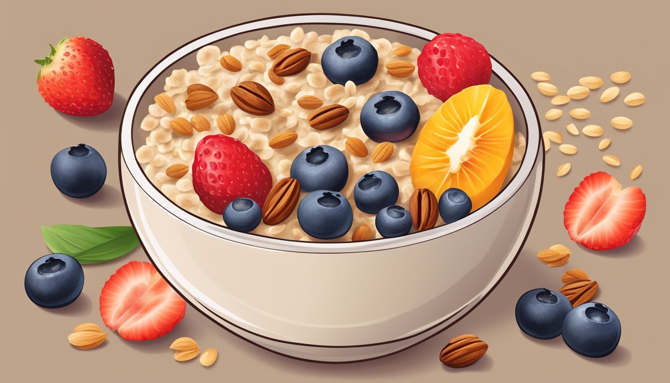 A bowl of oatmeal topped with granola, surrounded by various ingredients and toppings, such as fruits, nuts, and honey, on a wooden table