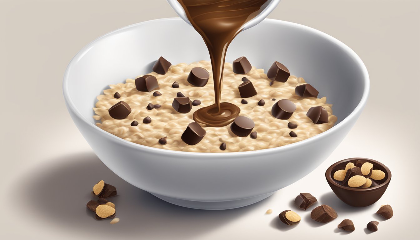 A bowl of oatmeal with chocolate chips being poured in