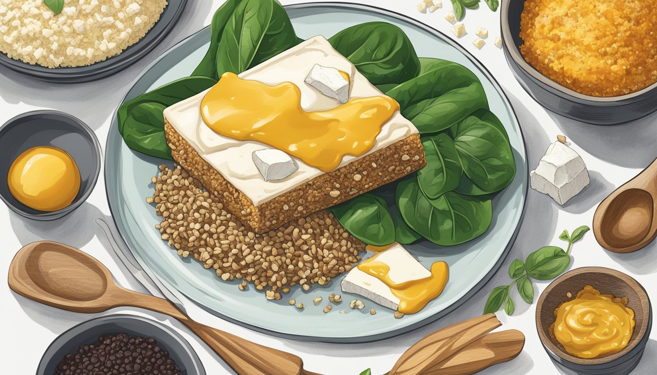 A melting stick of ancho chile butter surrounded by a variety of unexpected ingredients such as spinach, quinoa, and feta cheese on a breakfast plate