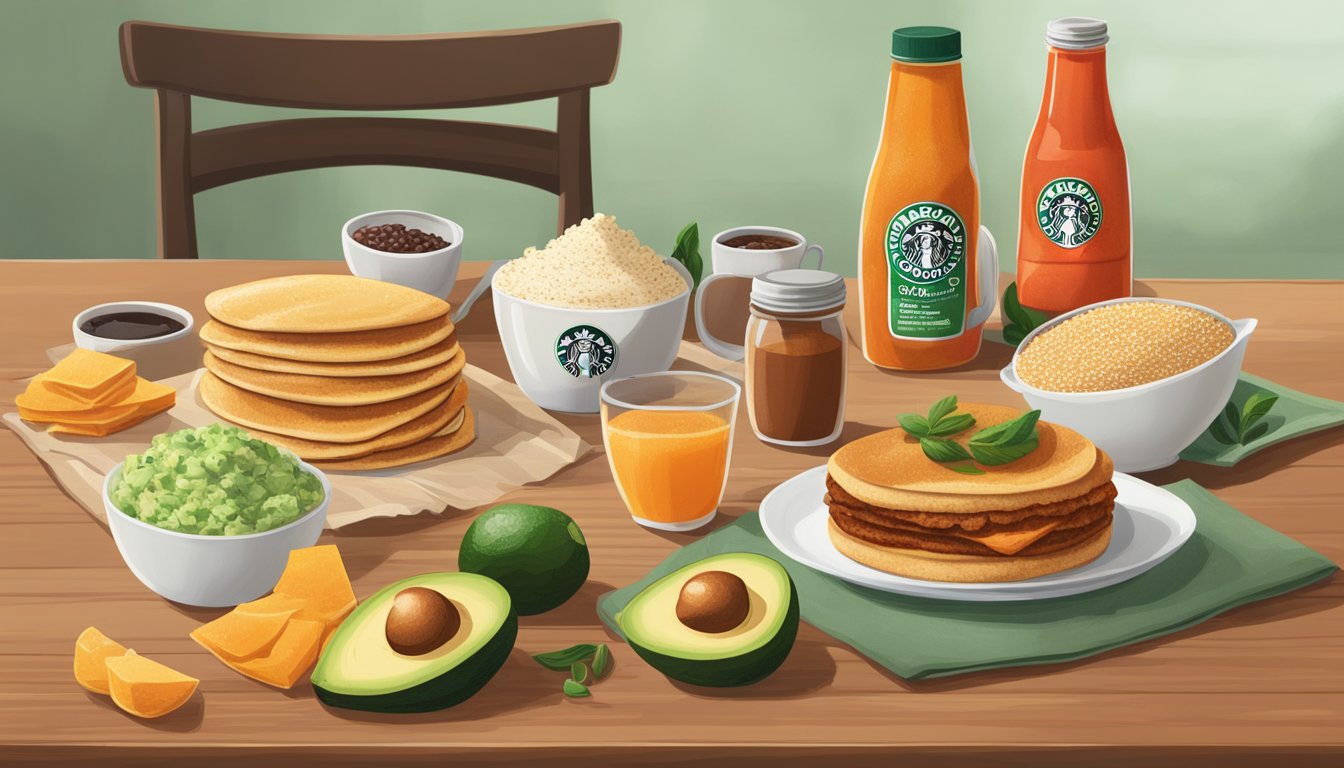 A steaming Starbucks breakfast spread with Sriracha bottles and surprising ingredients like avocado and quinoa on a wooden table