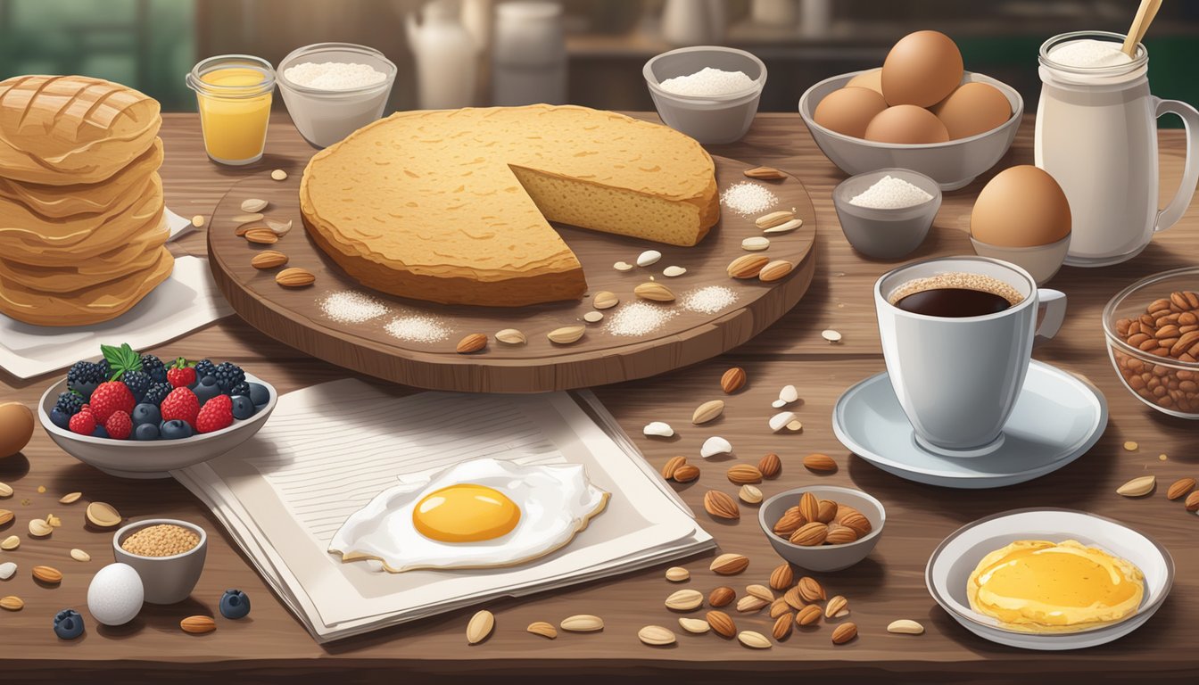 A rustic wooden table with scattered spelt flour, surrounded by ingredients like eggs, berries, and nuts, with a Starbucks breakfast menu in the background