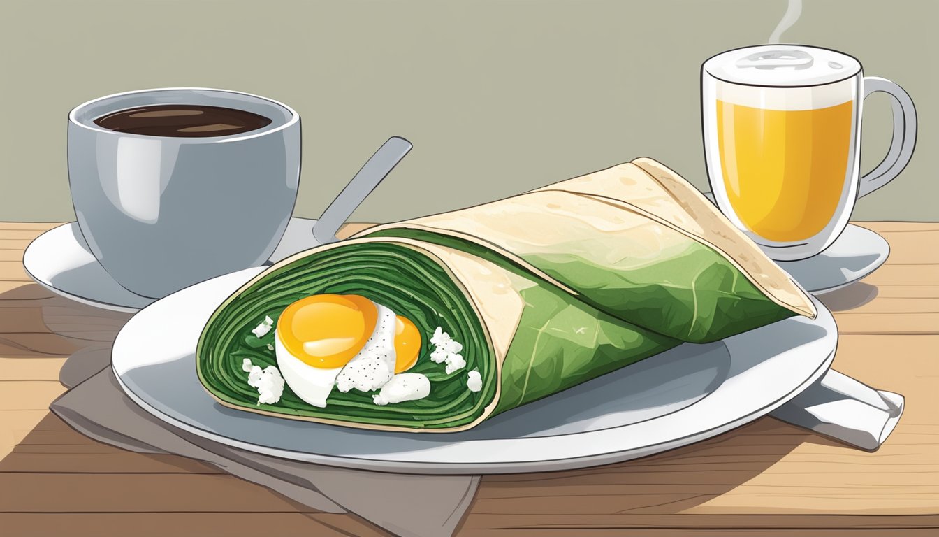 A colorful spinach, feta, and egg white wrap sits on a plate next to a steaming cup of coffee