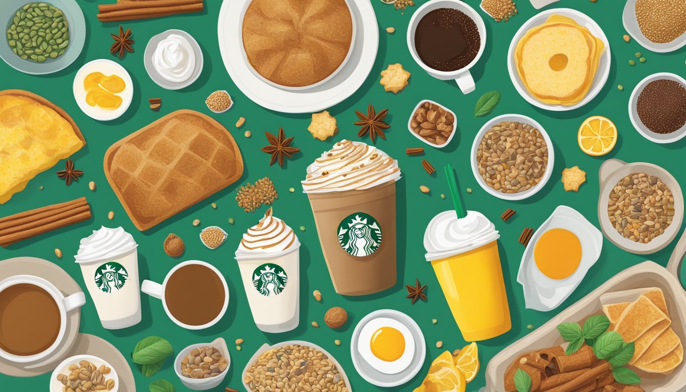 A colorful array of Starbucks breakfast items surrounded by Pepita seeds, cinnamon sticks, and other surprising ingredients