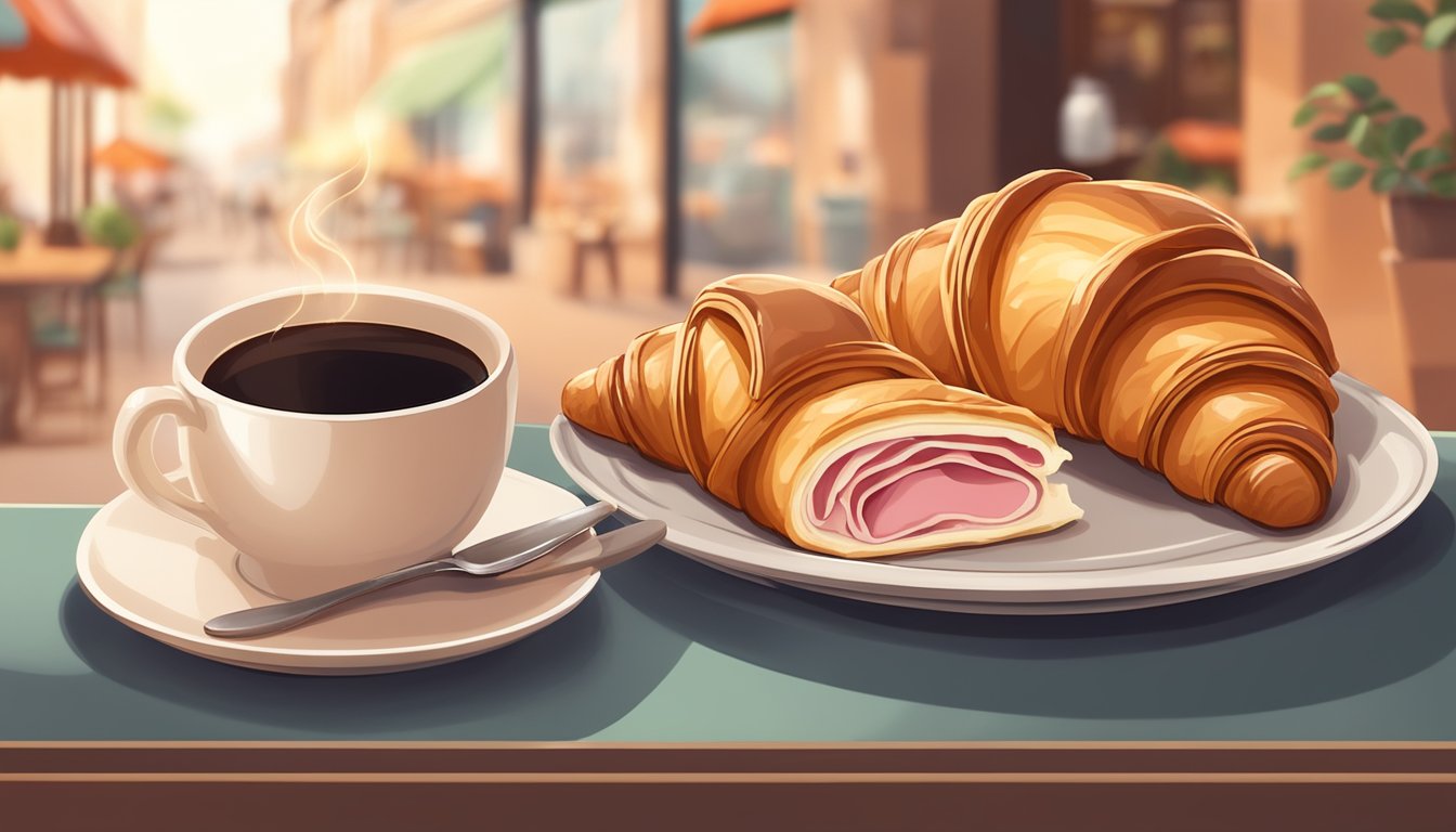 A warm croissant with ham and Swiss cheese sits on a plate next to a steaming cup of coffee, surrounded by a cozy café atmosphere