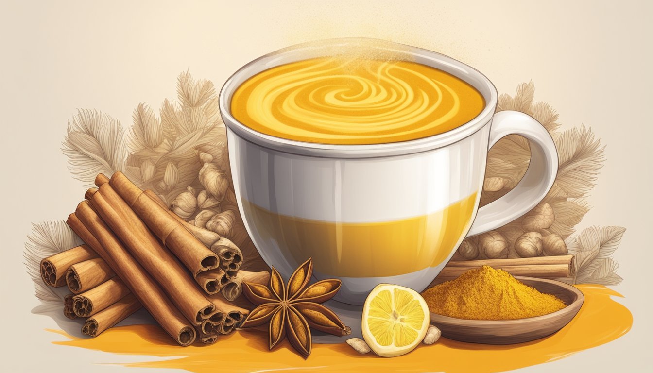 A vibrant display of turmeric, cinnamon, ginger, and other ingredients arranged around a steaming mug of golden turmeric latte mix