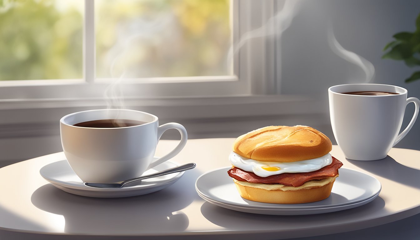 A turkey bacon and egg white muffin sits on a white plate next to a steaming cup of coffee, with a bright window in the background