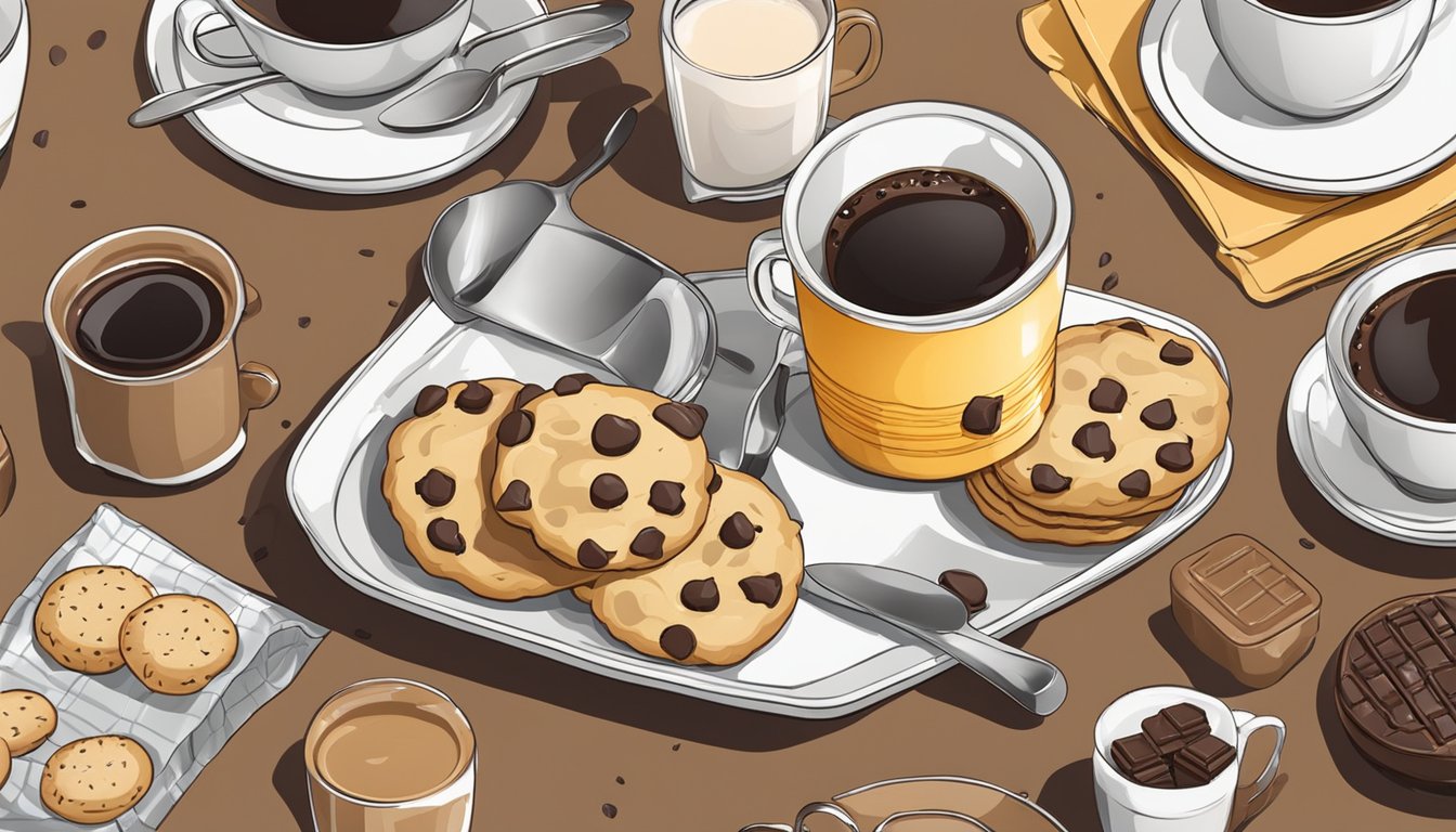 A plate of chocolate chip cookies surrounded by a coffee cup and other breakfast items on a table