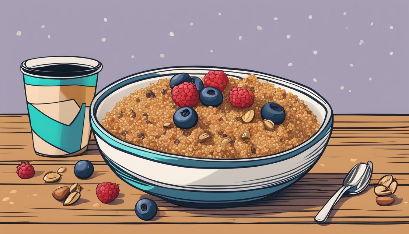 A colorful breakfast bowl with quinoa, berries, nuts, and seeds arranged on a wooden table next to a Starbucks menu