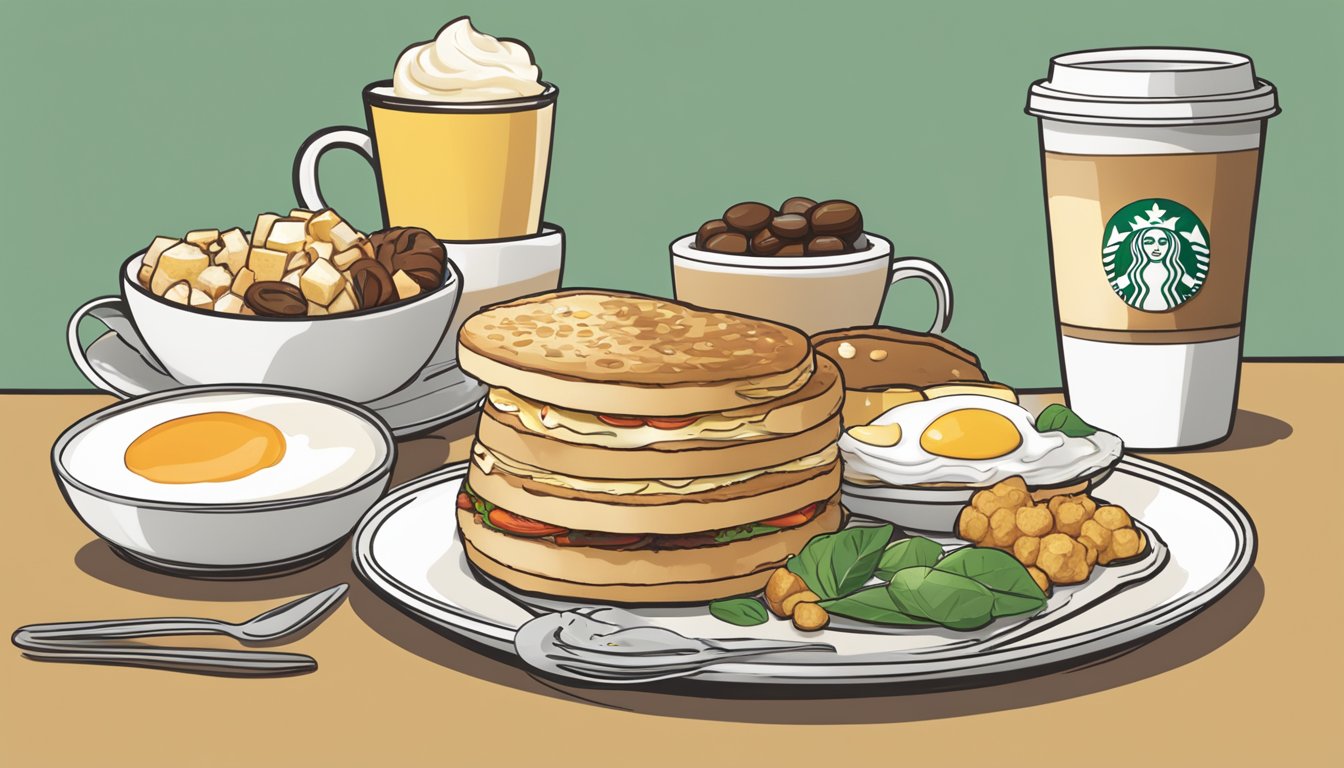 A table with a variety of Starbucks breakfast items arranged on a plate, including oatmeal, yogurt parfait, egg bites, and a breakfast sandwich. A cup of coffee sits beside the plate