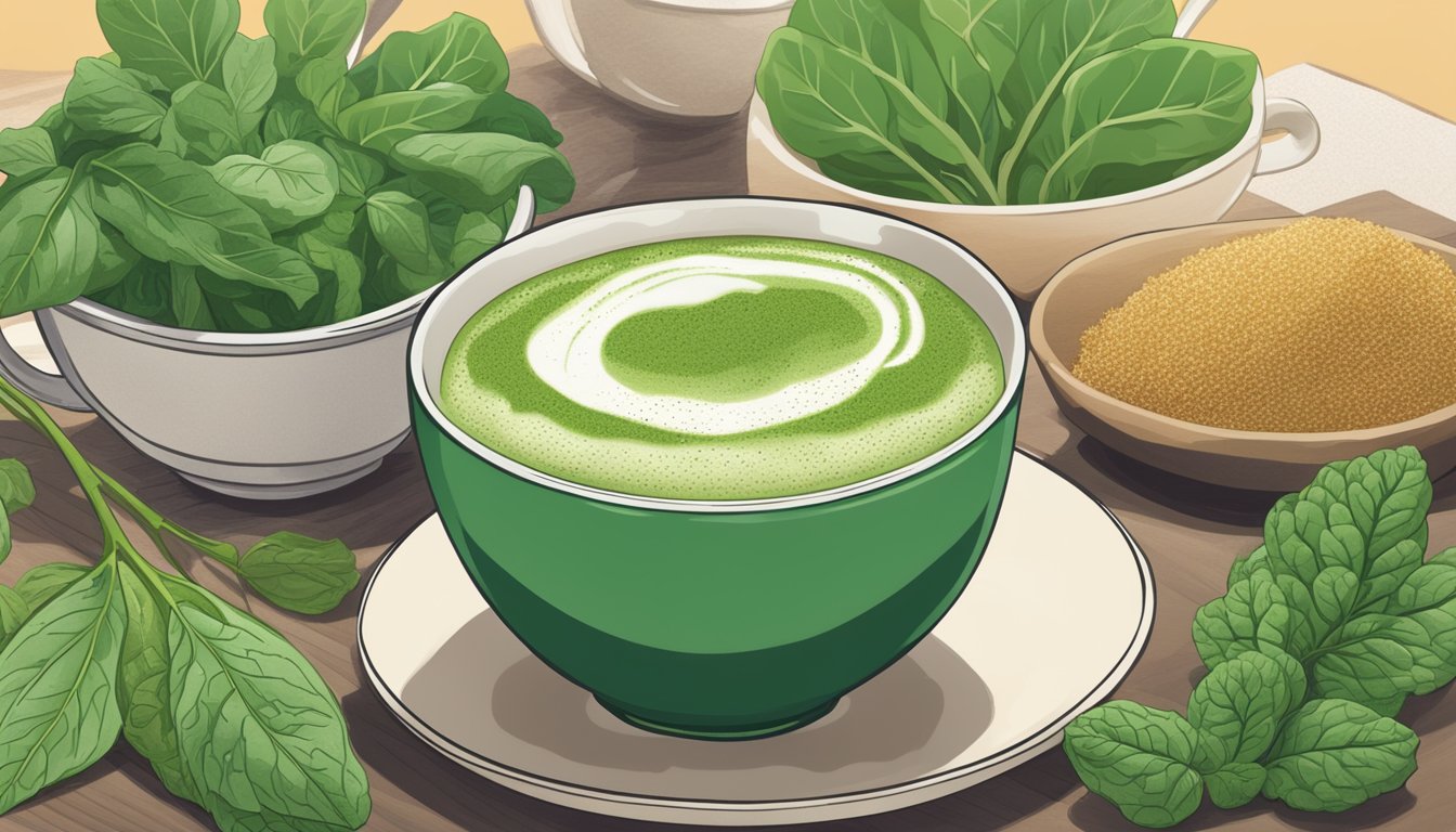 A steaming cup of matcha latte powder surrounded by surprising ingredients like spinach, kale, and quinoa, with a Starbucks breakfast menu in the background