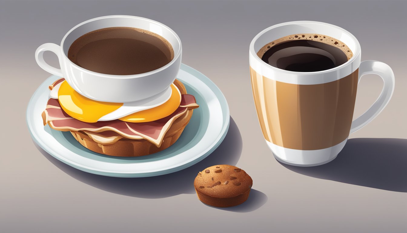 A breakfast muffin with turkey bacon and egg white on a plate next to a steaming cup of coffee