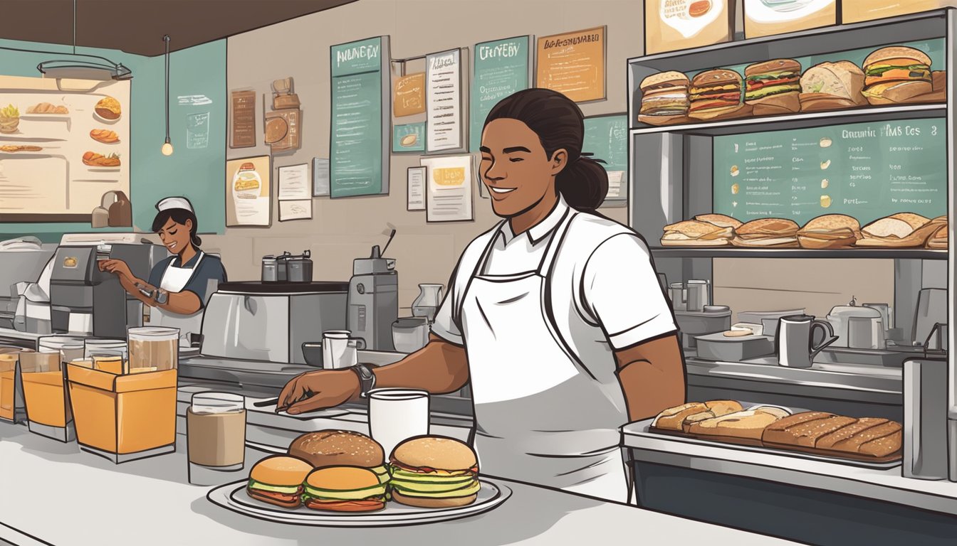 A barista adding toppings to a breakfast sandwich while a customer points to a menu board