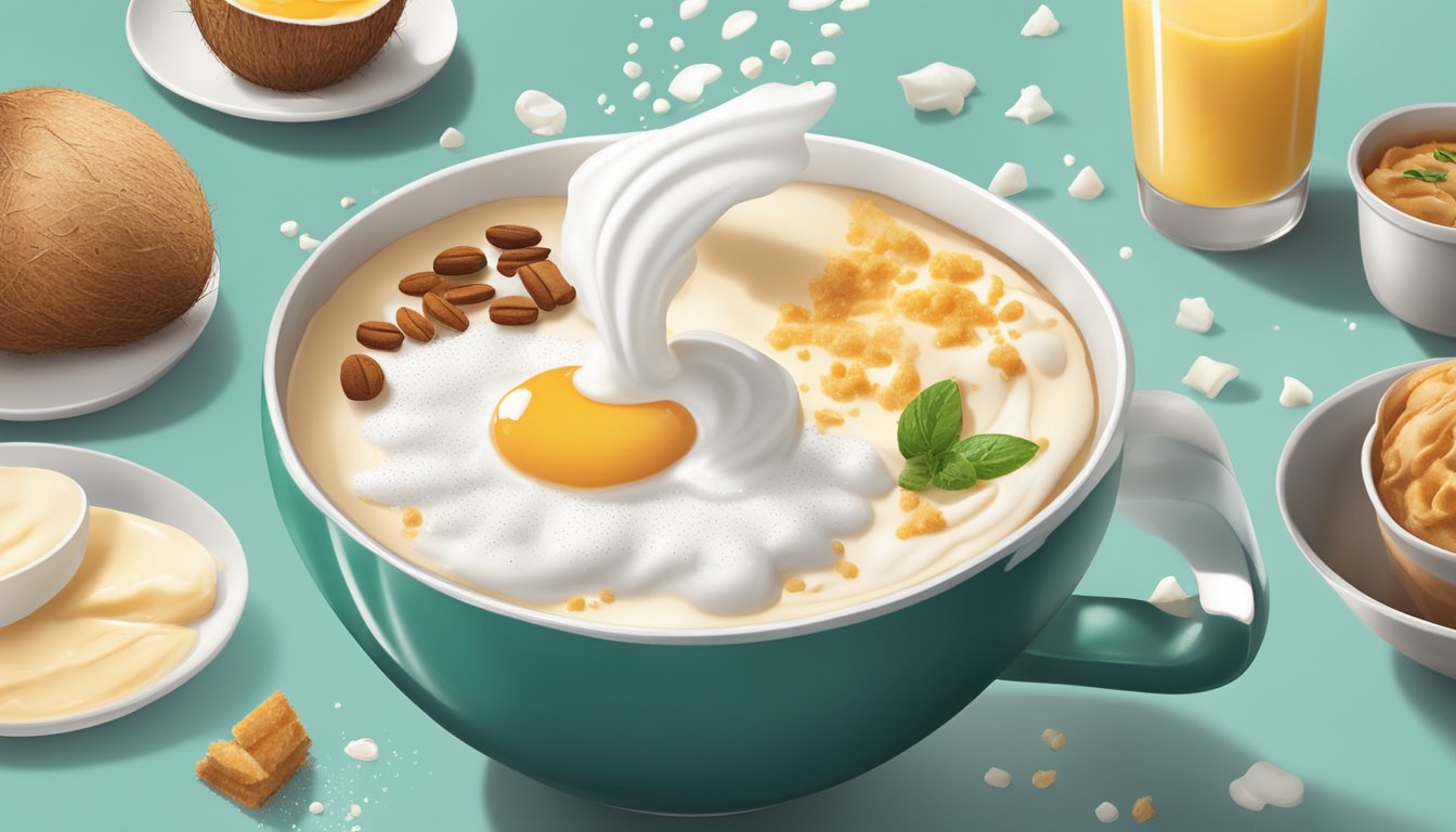 A coconut milk foam being poured over a breakfast item at Starbucks, with a variety of surprising ingredients scattered around