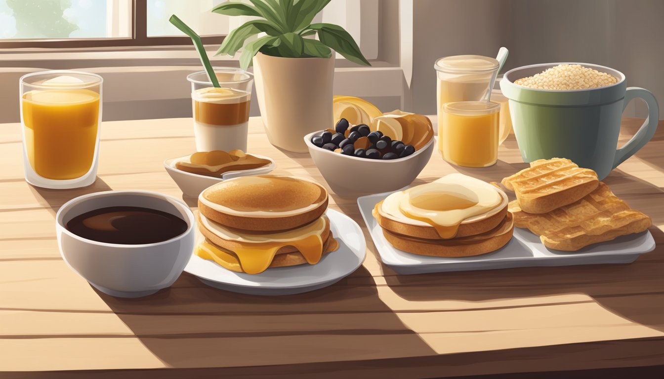 A Starbucks breakfast spread with various ingredients including brown rice syrup, arranged on a wooden table with natural lighting