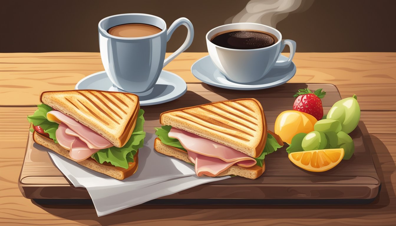 A sizzling panini with ham and Swiss cheese on a rustic wooden board, surrounded by fresh fruit and a steaming cup of coffee