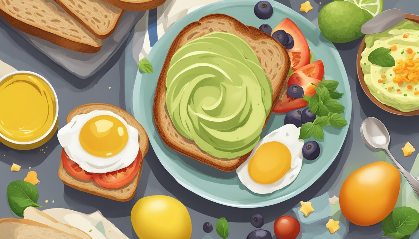 A slice of sourdough bread topped with creamy avocado spread, surrounded by a selection of colorful and appetizing breakfast items