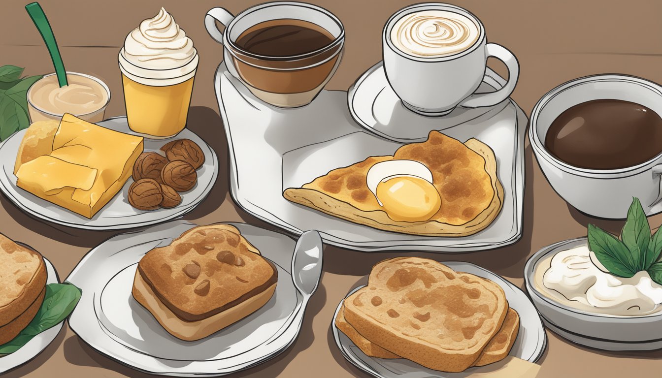 A table spread with Starbucks breakfast items and a list of surprising ingredients