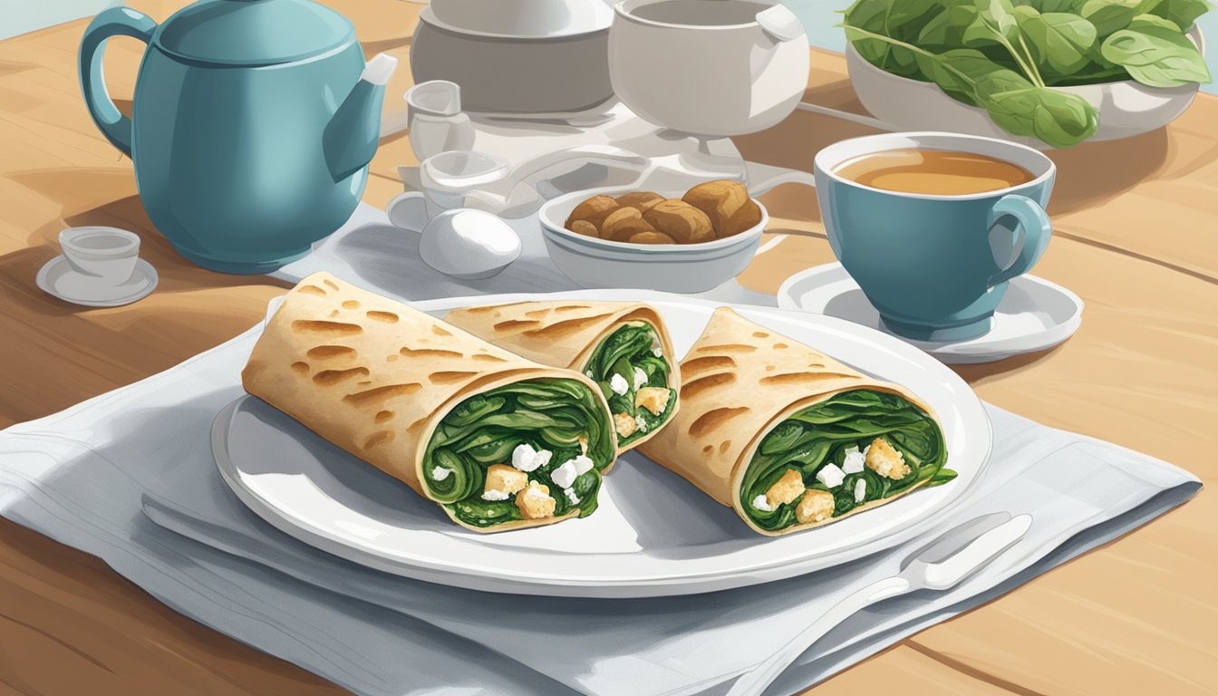 A spinach feta wrap sits on a white plate next to a steaming cup of tea, surrounded by a variety of other breakfast items