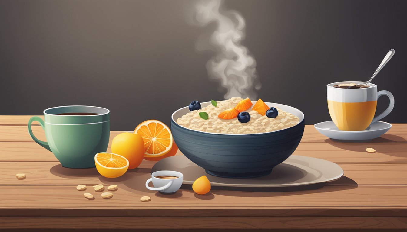 A steaming bowl of classic oatmeal sits on a rustic wooden table, surrounded by a spread of colorful fruits and a cup of coffee