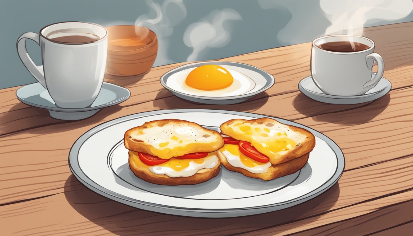 A plate of egg white and roasted red pepper egg bites next to a steaming cup of tea on a wooden table