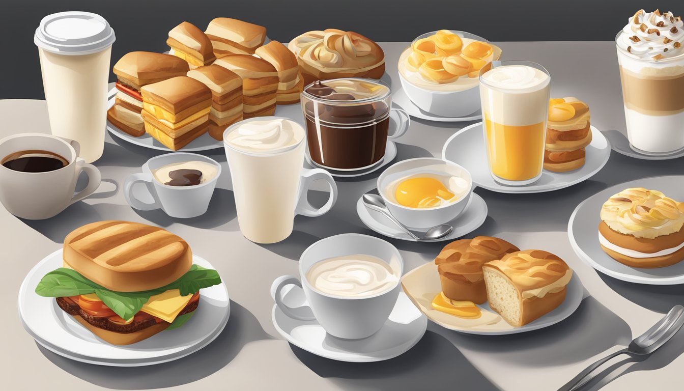 A table set with a variety of Starbucks breakfast items, including sandwiches, pastries, and yogurt parfaits, arranged alongside a cup of coffee