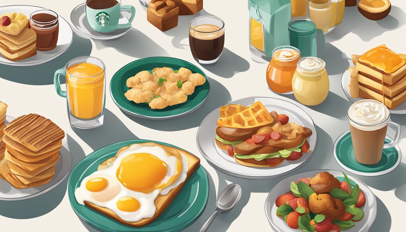 A table set with a variety of Starbucks breakfast items alongside perfectly paired beverages, creating a colorful and appetizing brunch spread