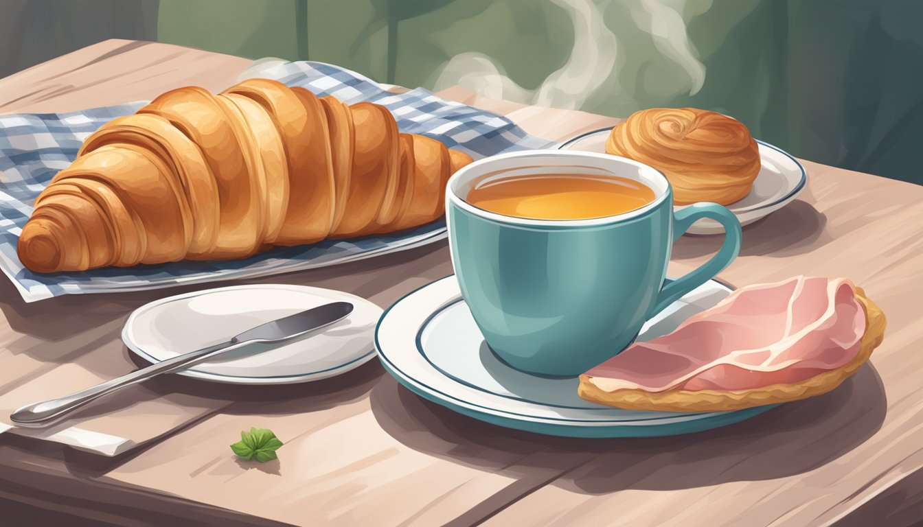 A cozy café table with a steaming cup of tea next to a flaky ham and Swiss croissant