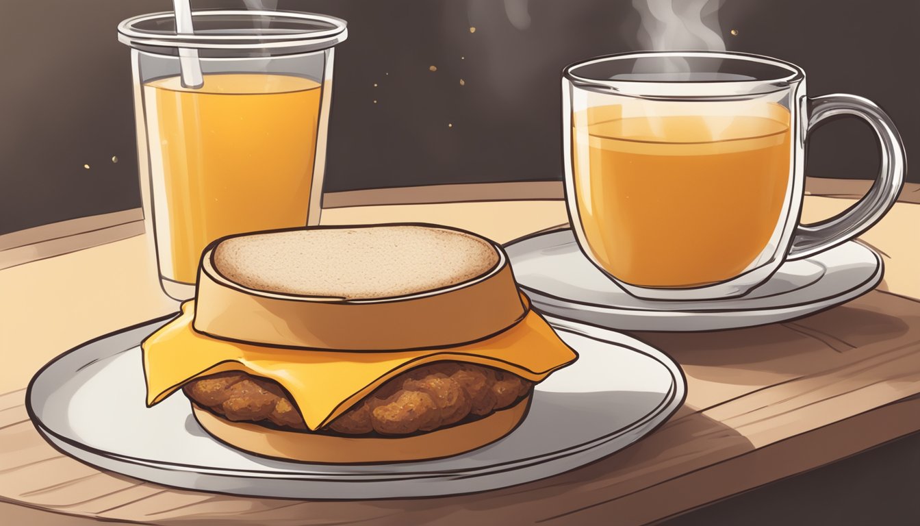 A breakfast sandwich with sausage and cheddar cheese, served alongside a steaming cup of tea at Starbucks