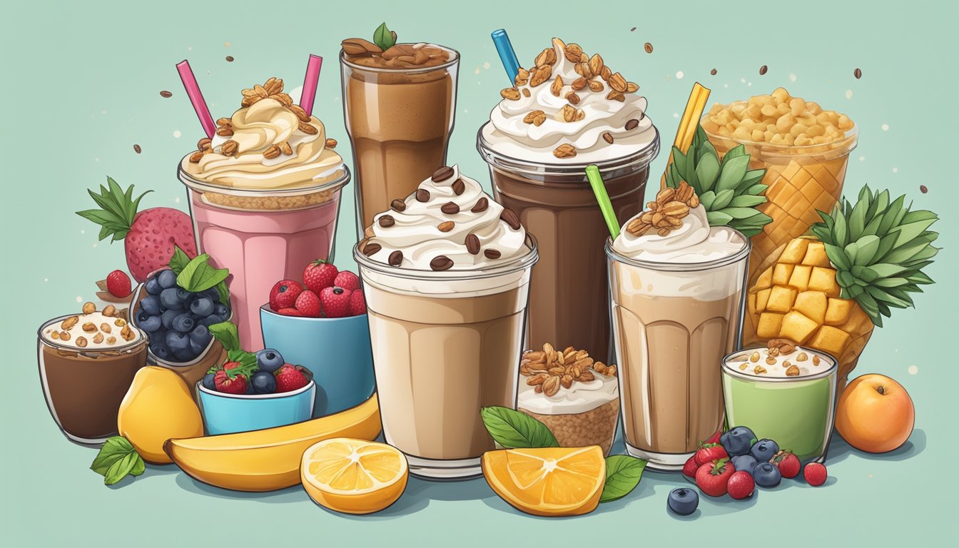 A customizable Frappuccino with added protein, surrounded by various breakfast items, such as fruits, yogurt, and granola