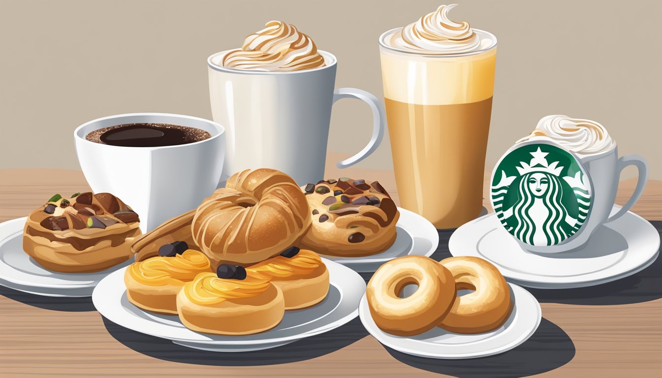 A table set with a variety of sweet breakfast pastries, including a morning bun, displayed on a white plate with a Starbucks logo in the background